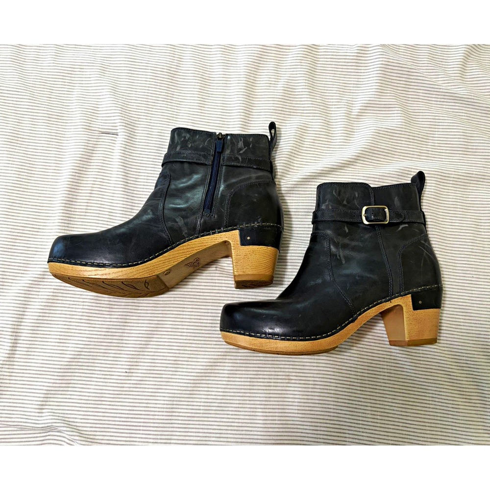 Dansko Womens Black Leather Ankle Bootie Side Zip Buckle Block Heel EU 40